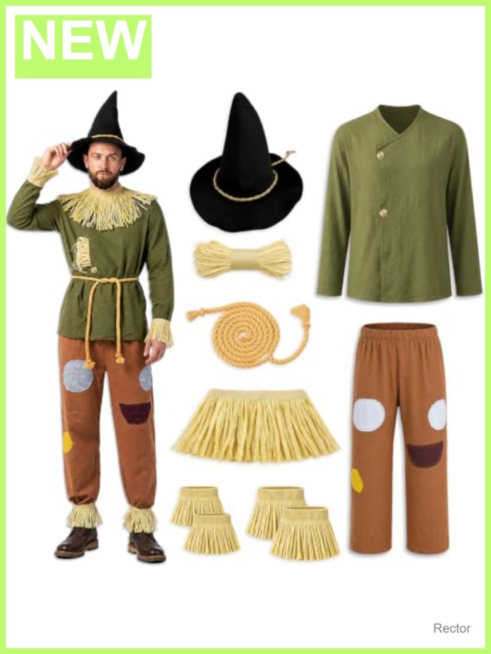 Men's Deluxe Scarecrow Costume Set - 8 Pieces, Polyester & Linen